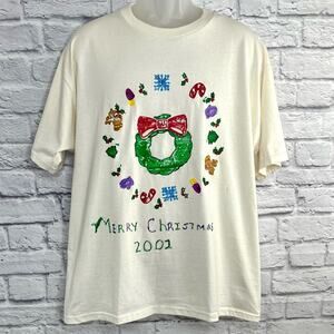 Vintage Jerzees 2001 Size XL Oatmeal Handpainted Puff Paint Christmas Wreath Tee